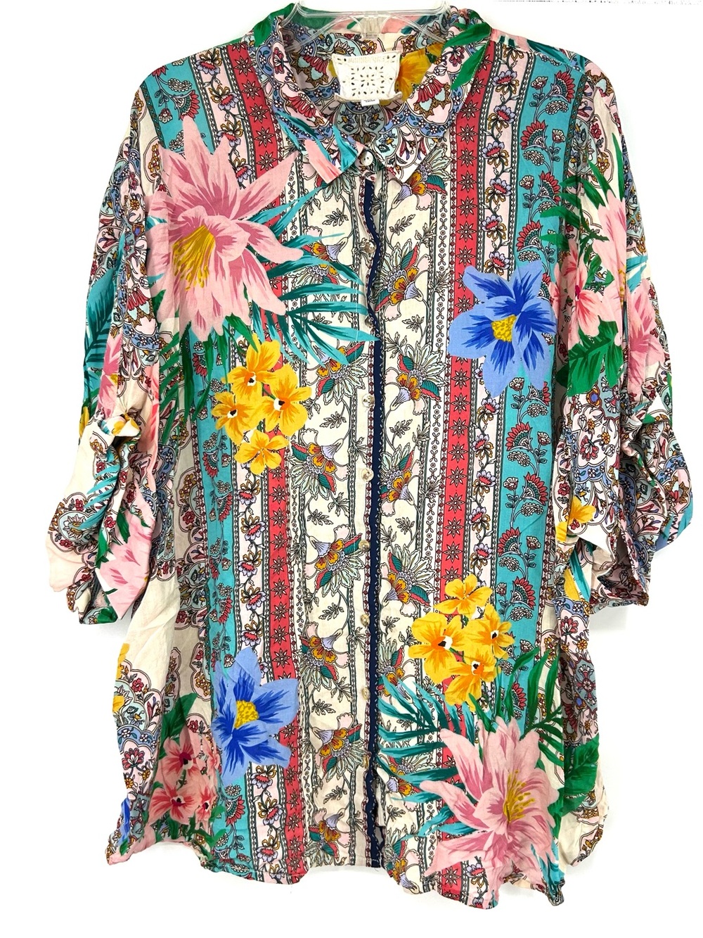 Johnny Was Clover Button Down Shirt Colorful Floral